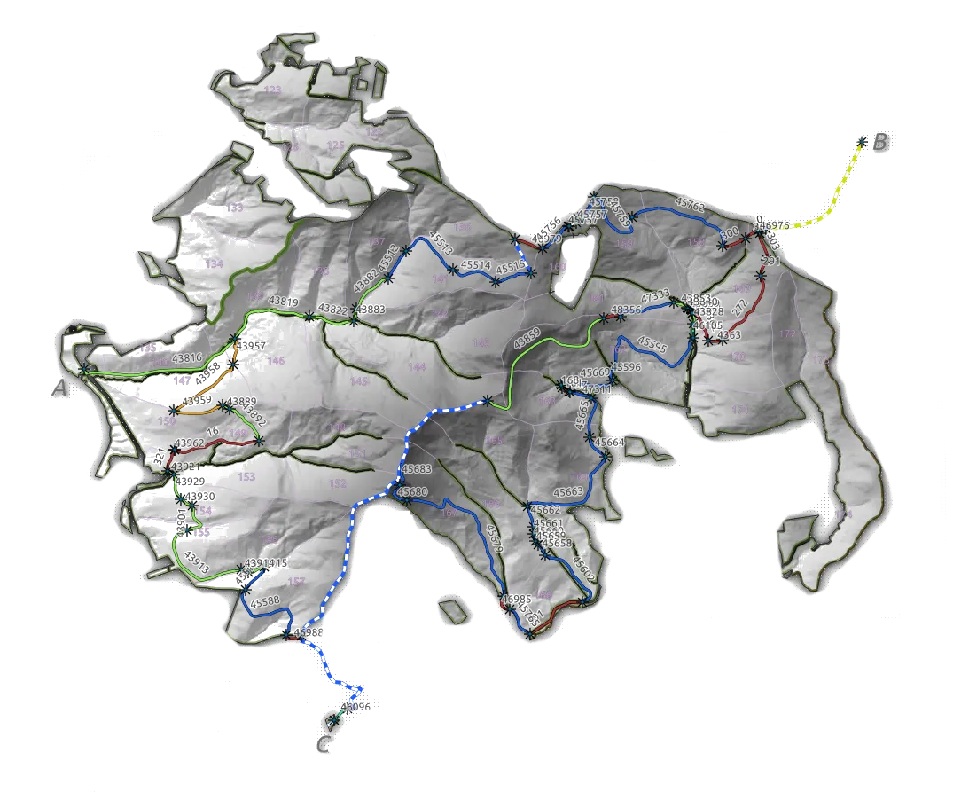 Overview map of the educational path with a greyscale hillshade