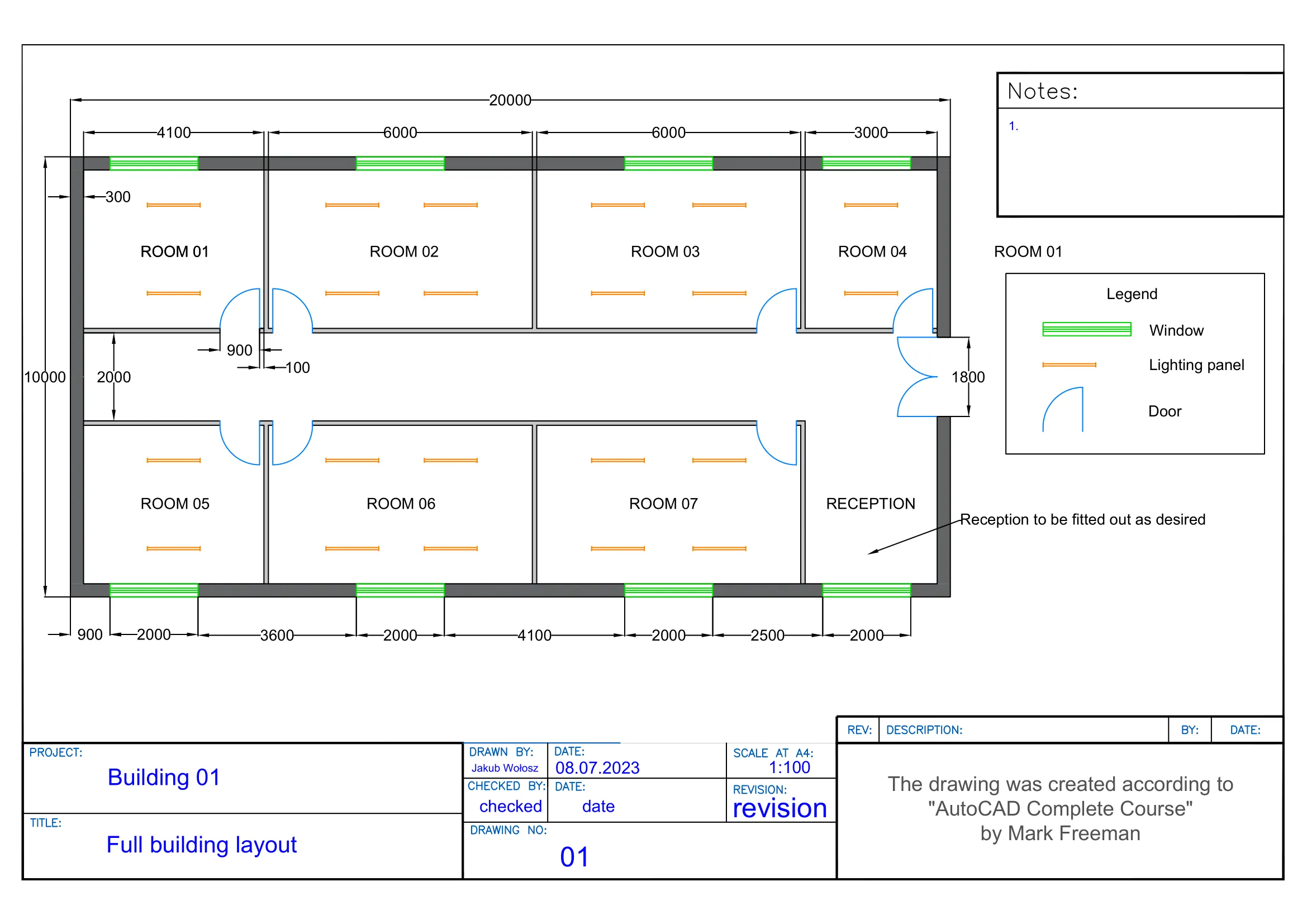 Drawing of a market hall from an AutoCAD course